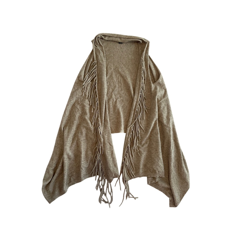 Tan Fringe Draped Open Front Sleeveless Cardigan Vest Roffe Accessories